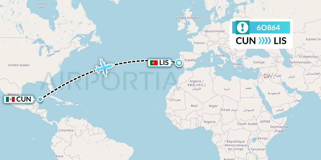 6O864 Orbest Flight Map: Cancun to Lisbon