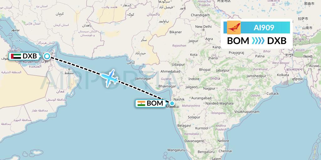 AI909 Air India Flight Map: Mumbai to Dubai