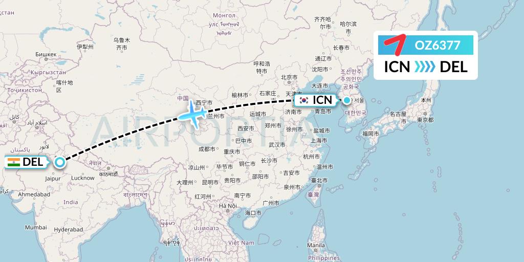 OZ6377 Asiana Airlines Flight Map: Seoul to Delhi