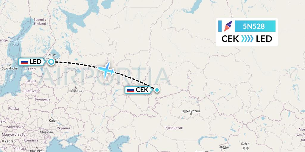 5N528 Nordavia Flight Map: Chelyabinsk to St. Petersburg
