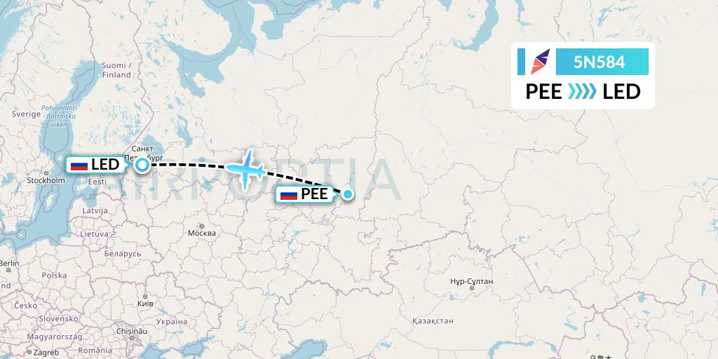 5N584 Nordavia Flight Map: Perm to St. Petersburg