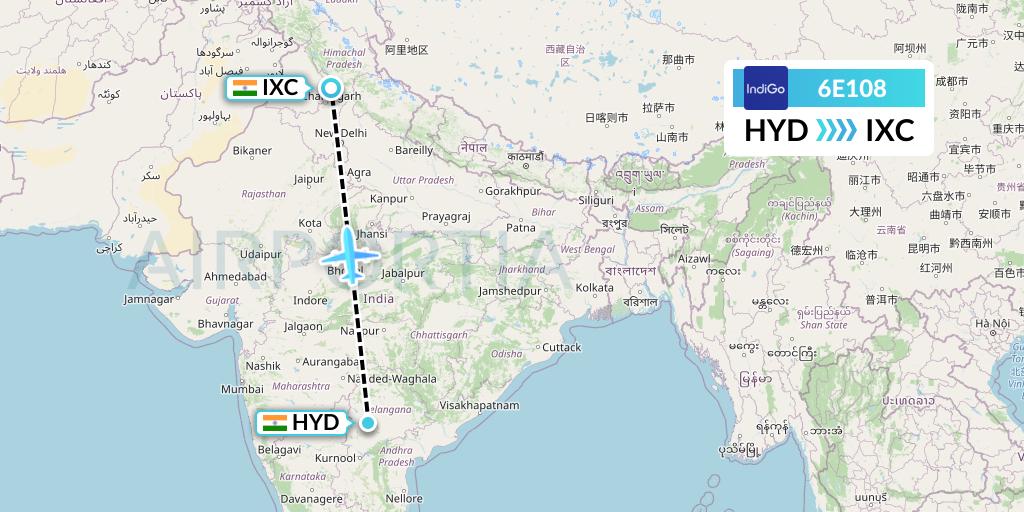6E108 IndiGo Airlines Flight Map: Hyderabad to Chandigarh