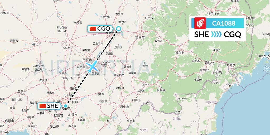 CA1088 Air China Flight Map: Shenyang to Changchun