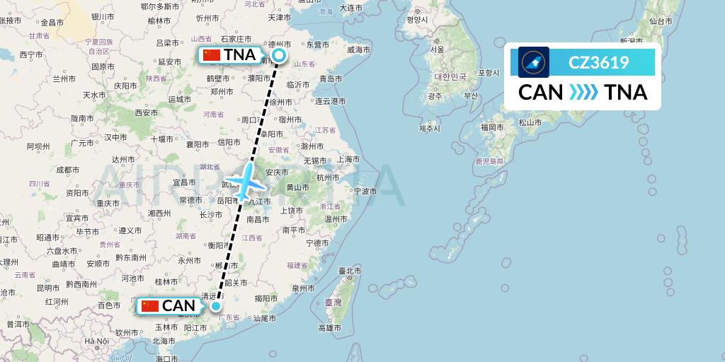 CZ3619 China Southern Airlines Flight Map: Guangzhou to Jinan