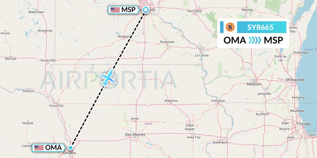 SY8665 Sun Country Airlines Flight Map: Omaha to Minneapolis