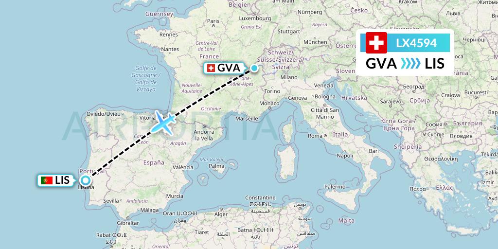 LX4594 Swiss Flight Map: Geneva to Lisbon