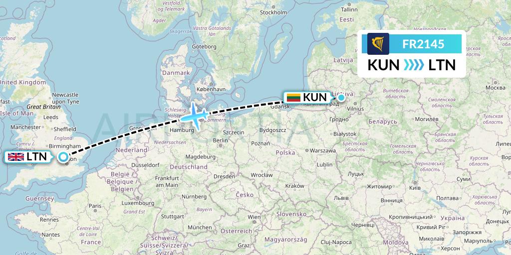 FR2145 Ryanair Flight Map: Kaunas to London