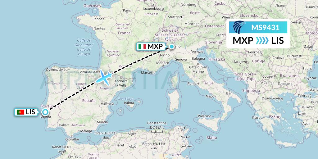 MS9431 EgyptAir Flight Map: Milan to Lisbon