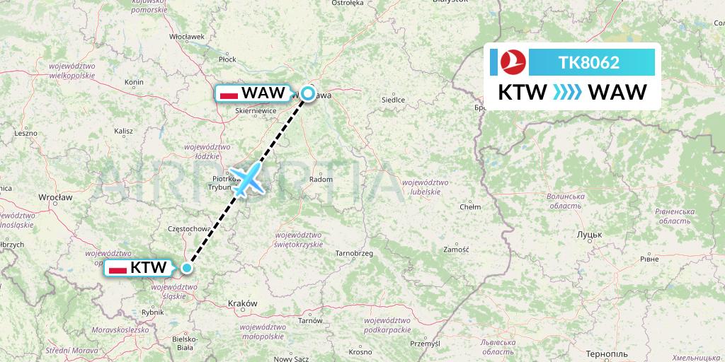 TK8062 Turkish Airlines Flight Map: Katowice to Warsaw
