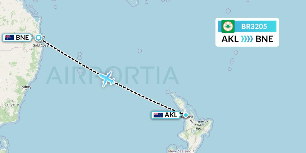 BR3205 EVA Air Flight Map: Auckland to Brisbane