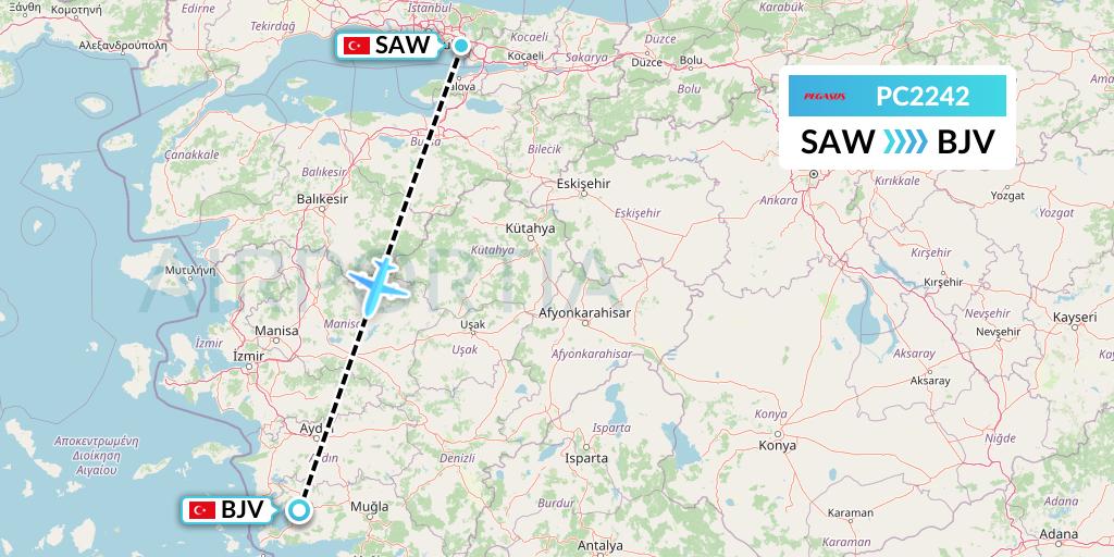 PC2242 Pegasus Airlines Flight Map: Istanbul to Bodrum
