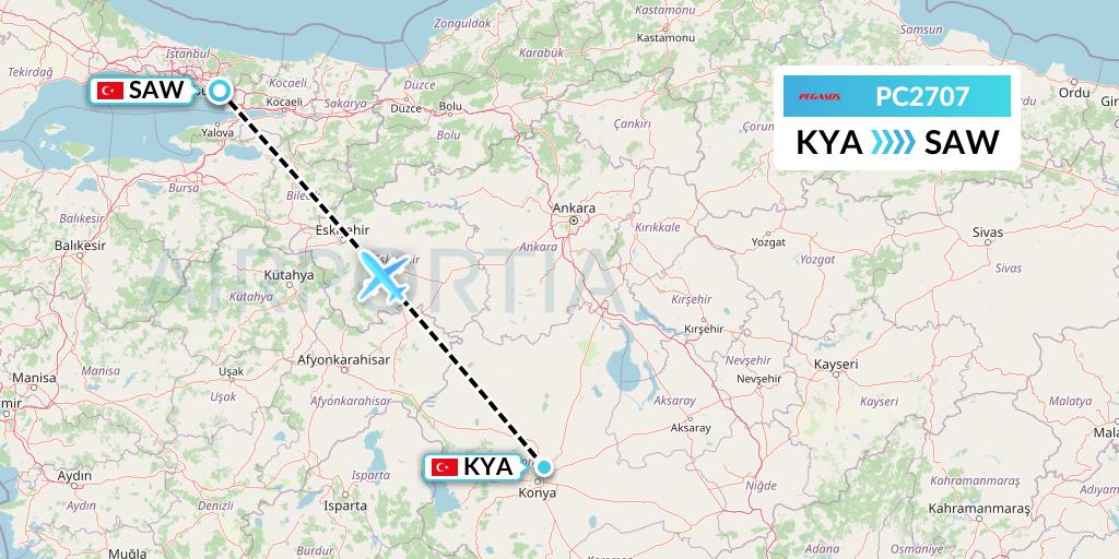 PC2707 Pegasus Airlines Flight Map: Konya to Istanbul