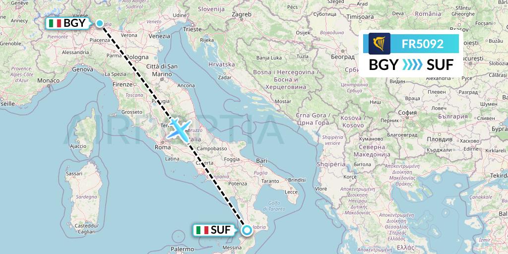 FR5092 Ryanair Flight Map: Milan to Lamezia Terme