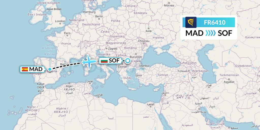 FR6410 Ryanair Flight Map: Madrid to Sofia
