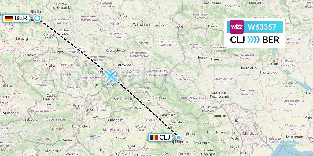 W63357 Wizz Air Flight Map: Cluj-Napoca to Berlin