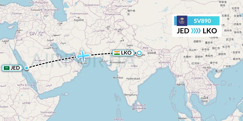 SV890 Saudi Arabian Airlines Flight Map: Jeddah to Lucknow