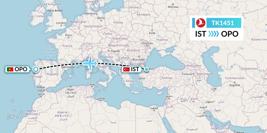 TK1451 Turkish Airlines Flight Map: Istanbul to Porto