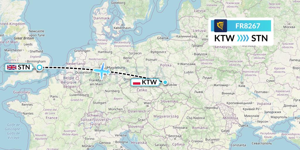 FR8267 Ryanair Flight Map: Katowice to London