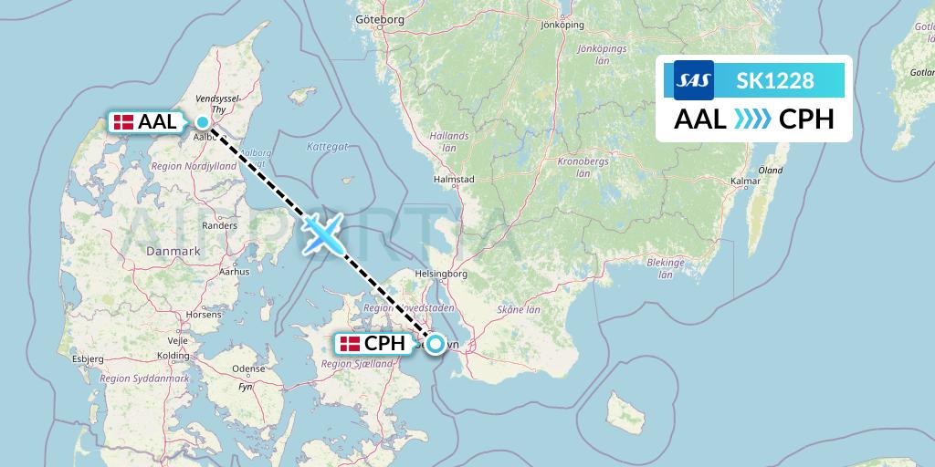 SK1228 SAS Flight Map: Aalborg to Copenhagen