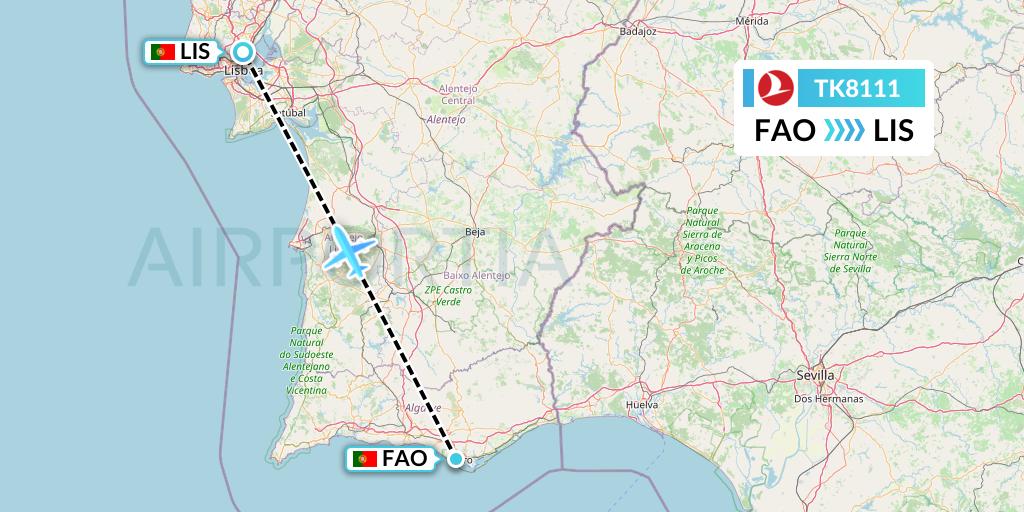 TK8111 Turkish Airlines Flight Map: Faro to Lisbon