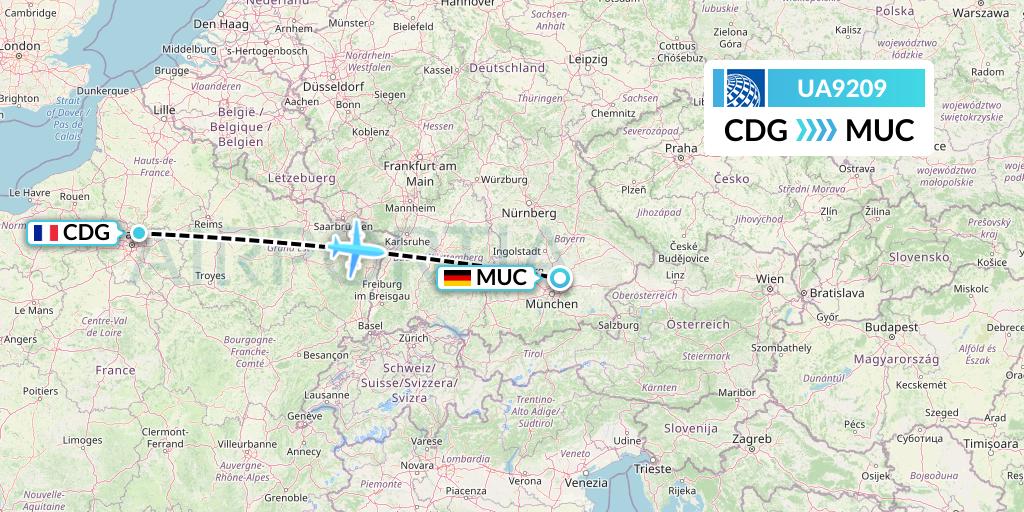 UA9209 United Airlines Flight Map: Paris to Munich
