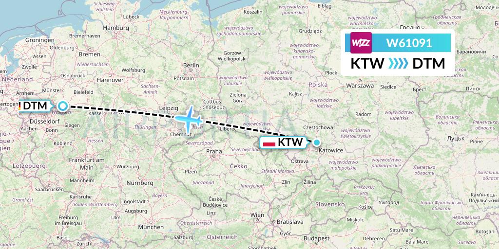 W61091 Wizz Air Flight Map: Katowice to Dortmund