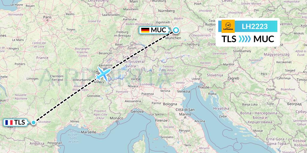 LH2223 Lufthansa Flight Map: Toulouse to Munich