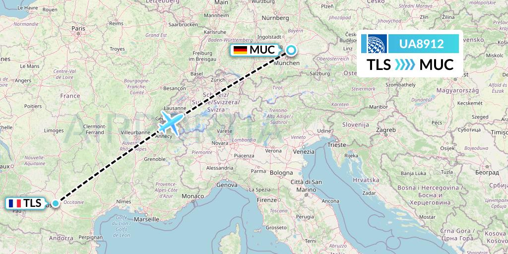UA8912 United Airlines Flight Map: Toulouse to Munich