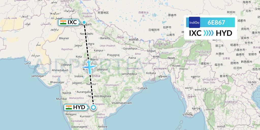 6E867 IndiGo Airlines Flight Map: Chandigarh to Hyderabad