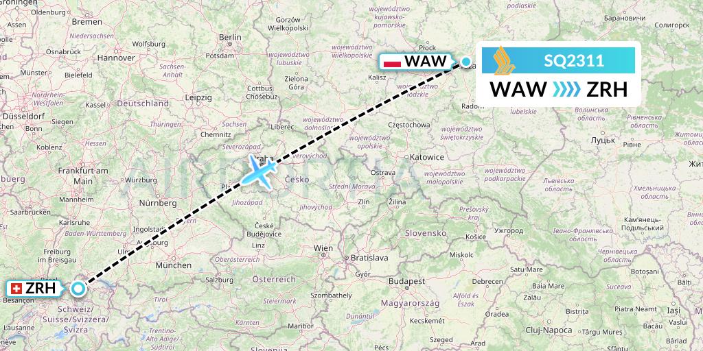 SQ2311 Singapore Airlines Flight Map: Warsaw to Zurich