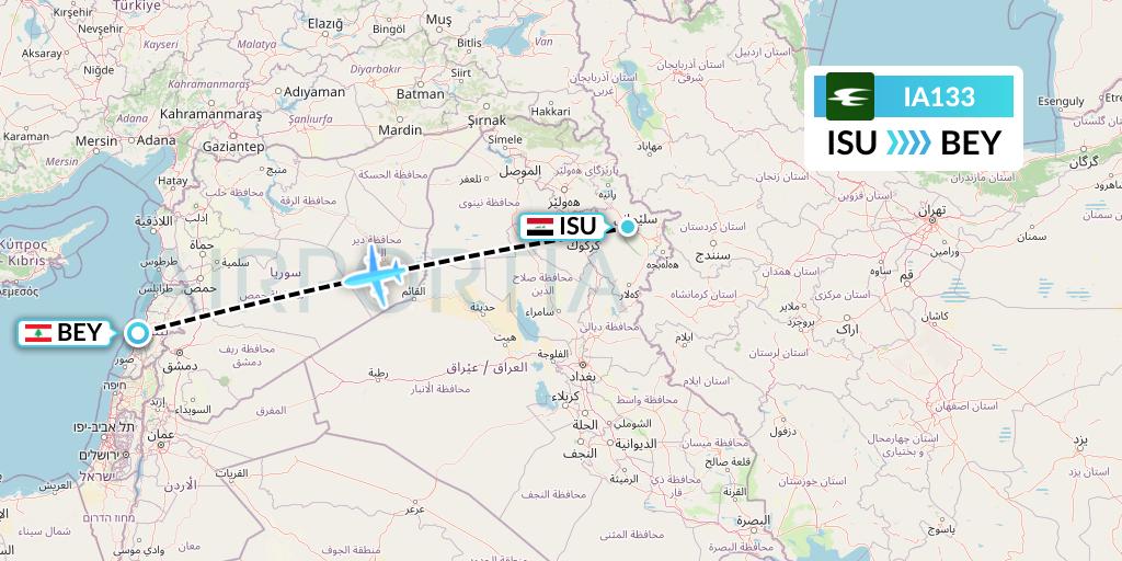 IA133 Iraqi Airways Flight Map: Sulaimaniyah to Beirut