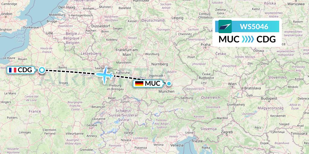 WS5046 WestJet Flight Map: Munich to Paris