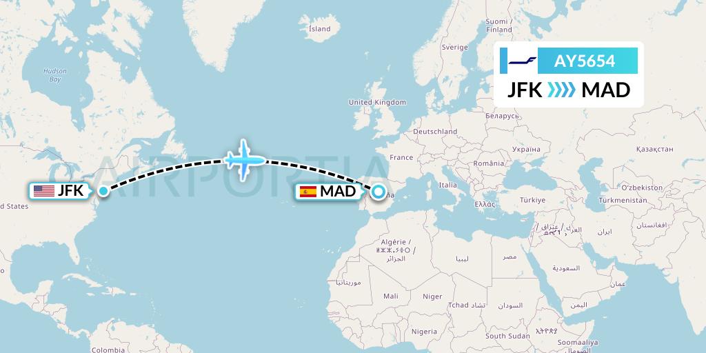 AY5654 Finnair Flight Map: New York to Madrid