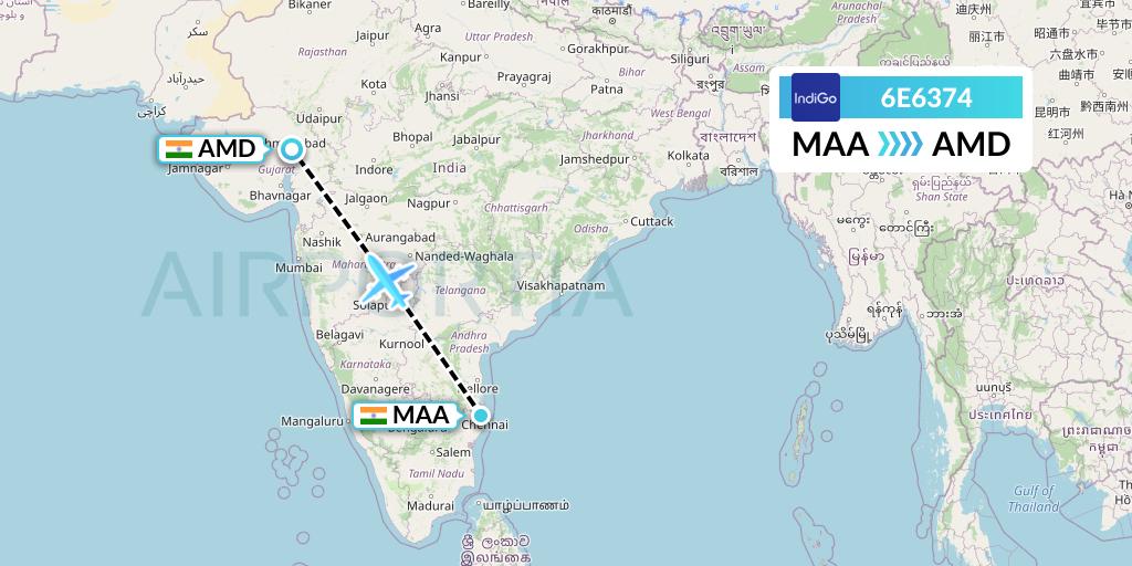 6E6374 IndiGo Airlines Flight Map: Chennai to Ahmedabad