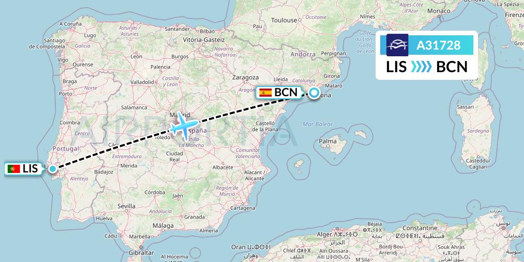A31728 Aegean Airlines Flight Map: Lisbon to Barcelona