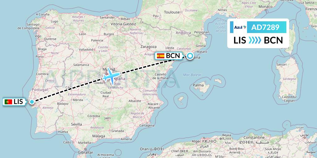 AD7289 Azul Brazilian Airlines Flight Map: Lisbon to Barcelona