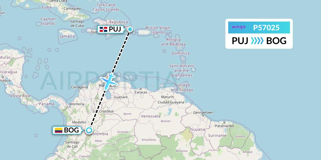 P57025 Copa Airlines Colombia Flight Map: Punta Cana to Bogota