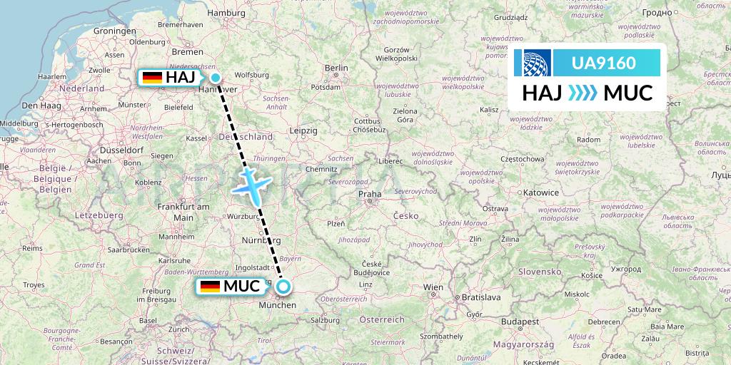 UA9160 United Airlines Flight Map: Hannover to Munich
