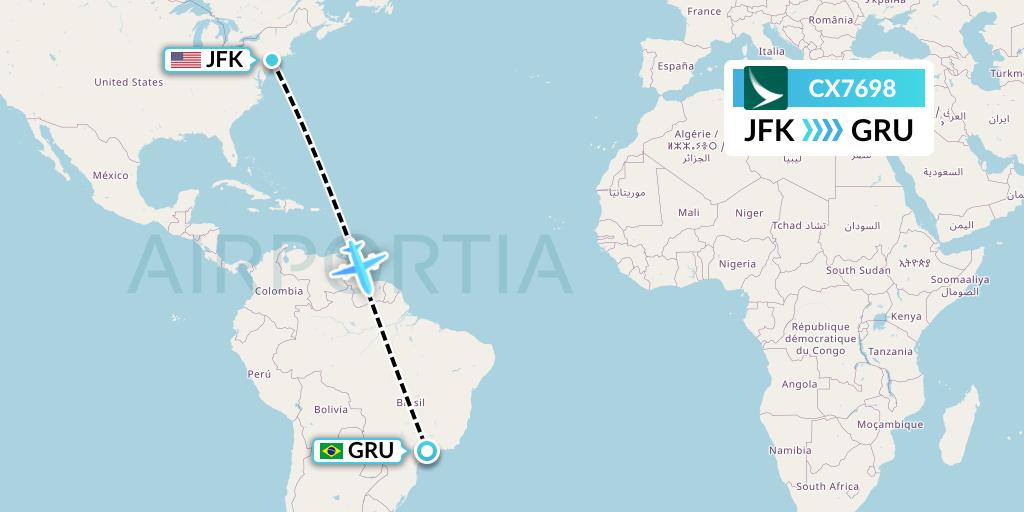CX7698 Cathay Pacific Flight Map: New York to Sao Paulo