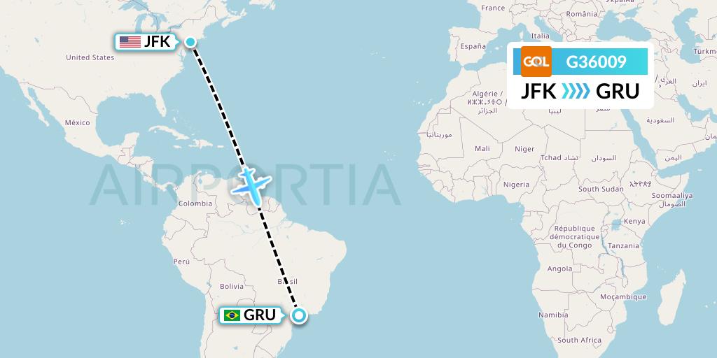 G36009 GOL Transportes Aeros Flight Map: New York to Sao Paulo