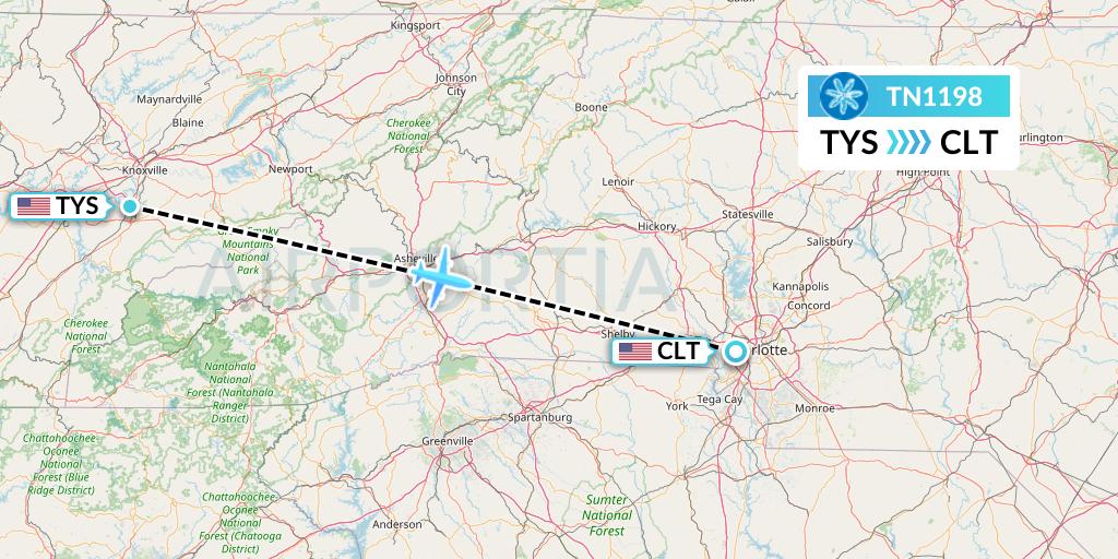 TN1198 Air Tahiti Nui Flight Map: Knoxville to Charlotte
