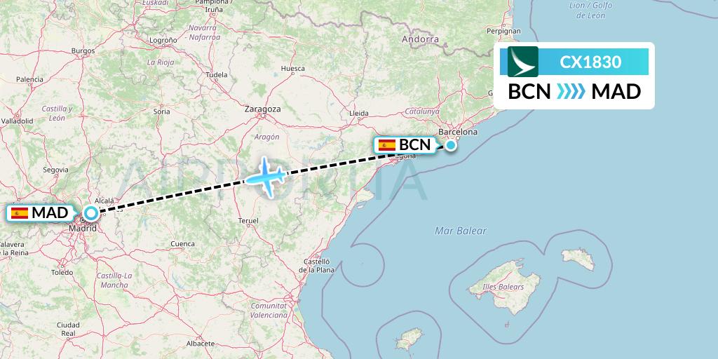 CX1830 Cathay Pacific Flight Map: Barcelona to Madrid