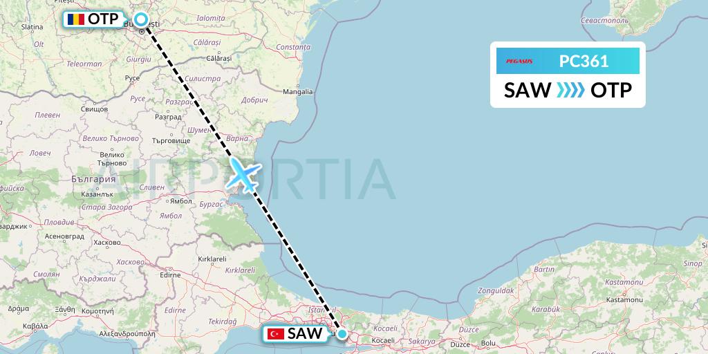 PC361 Pegasus Airlines Flight Map: Istanbul to Bucharest