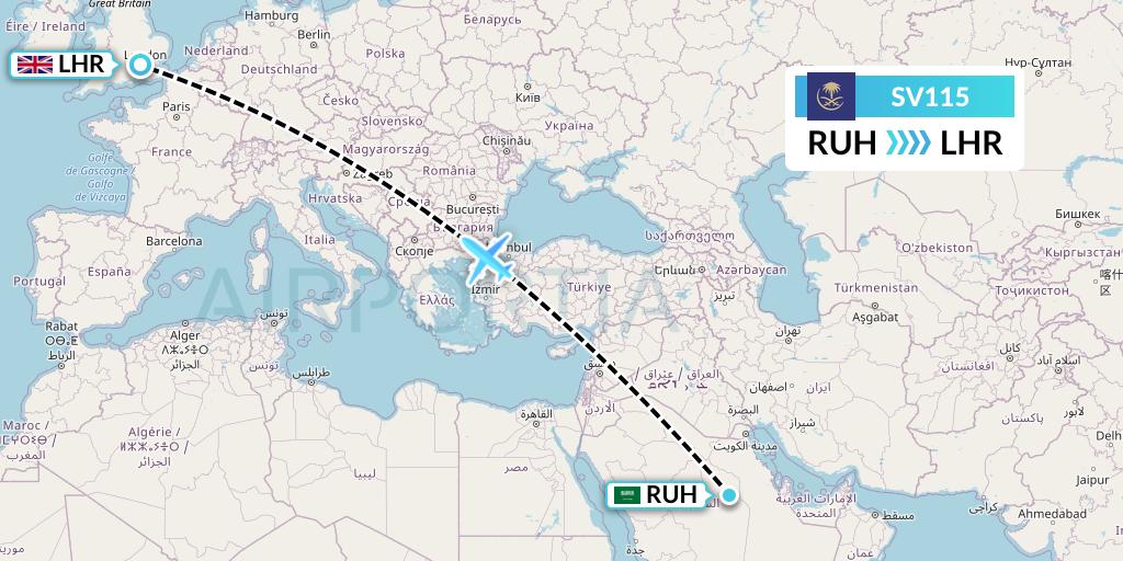 SV115 Saudi Arabian Airlines Flight Map: Riyadh to London