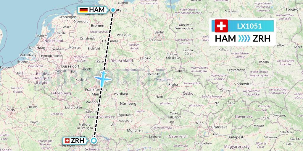 LX1051 Swiss Flight Map: Hamburg to Zurich