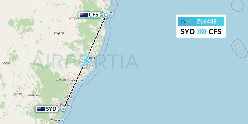 ZL6438 Regional Express Flight Map: Sydney to Coffs Harbour