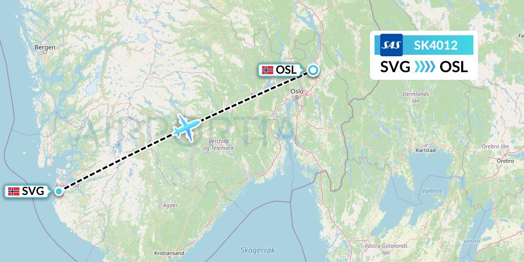 SK4012 SAS Flight Map: Stavanger to Oslo