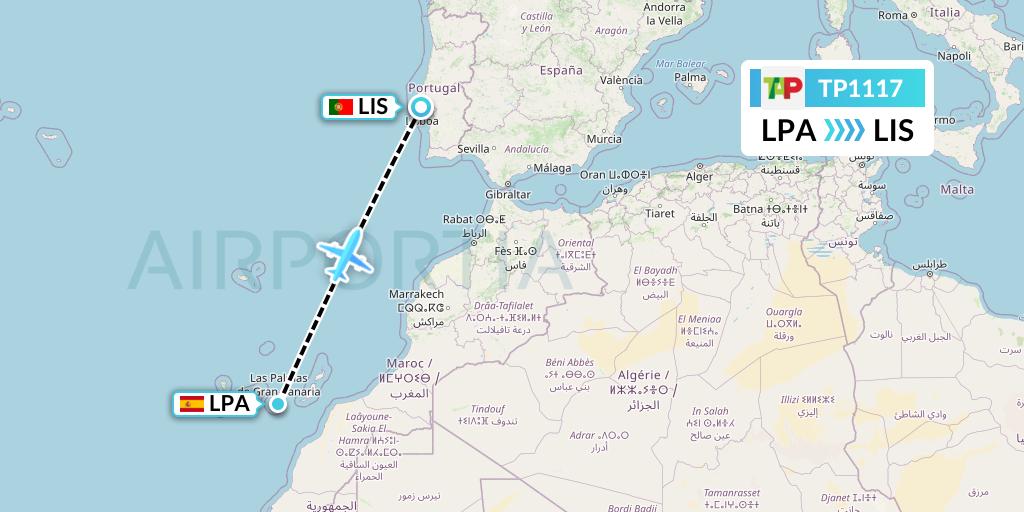 TP1117 TAP Portugal Flight Map: Las Palmas to Lisbon