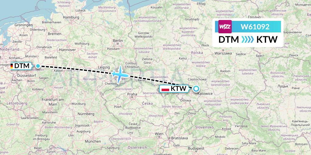 W61092 Wizz Air Flight Map: Dortmund to Katowice