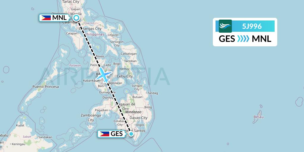 5J996 CEBU Pacific Air Flight Map: General Santos to Manila